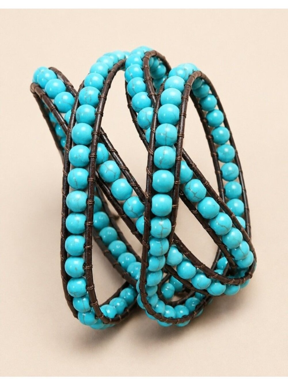 VICTORIA EMERSON Turquoise Blue Beaded Leather Multi Wrap Bracelet Boho
